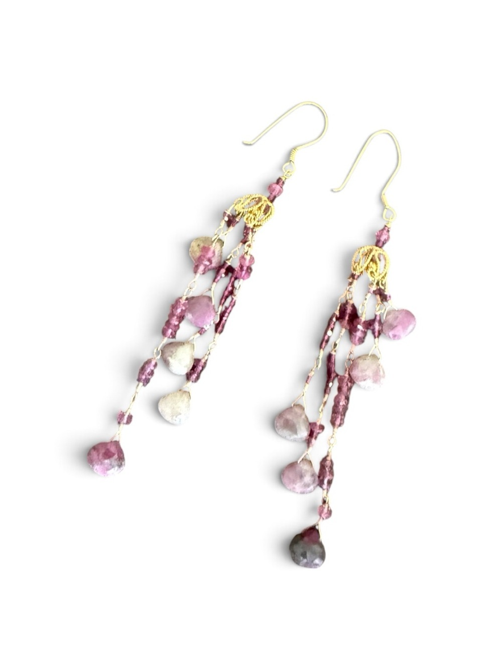 Handcrafted 14K Gold Pink Sapphire Chandelier Earrings | Luxury Designer Jewelry